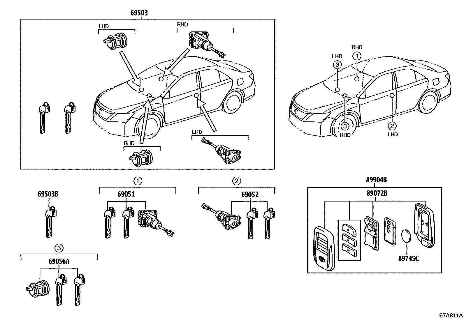 Toyota CAMRY 锁芯组件 EPC diagram — 67A811A
