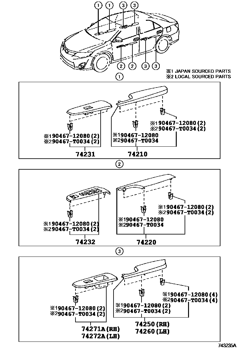 Toyota CAMRY 扶手和遮阳板 EPC diagram — 743235A