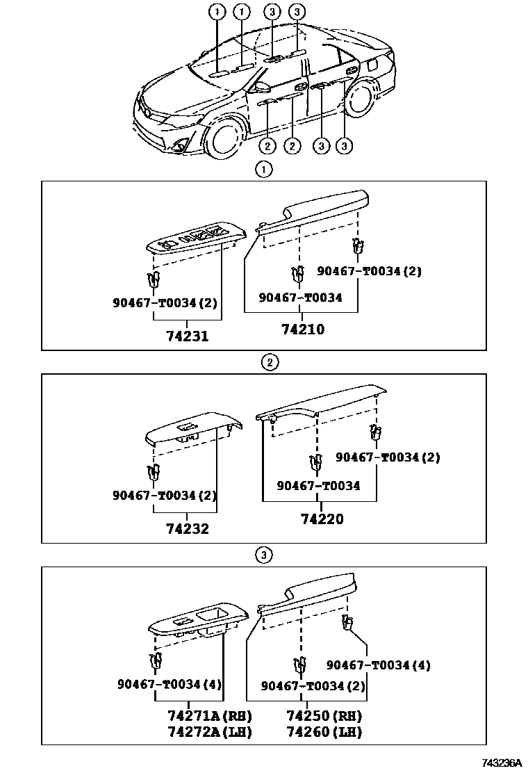 Toyota CAMRY 扶手和遮阳板 EPC diagram — 743236A
