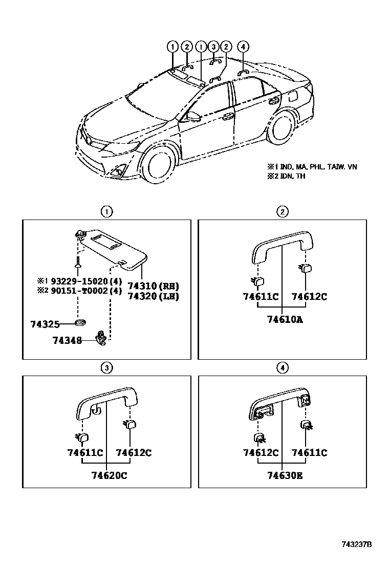 Toyota CAMRY 扶手和遮阳板 EPC diagram — 743237B