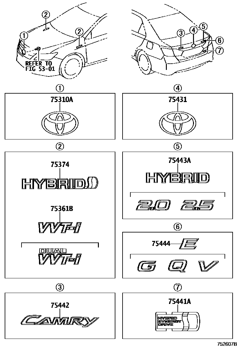 Toyota CAMRY 丰田徽标和铭牌(车外和车内) EPC diagram — 752607B