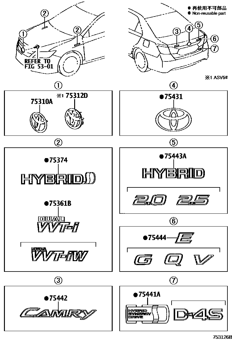 Toyota CAMRY 丰田徽标和铭牌(车外和车内) EPC diagram — 753126B