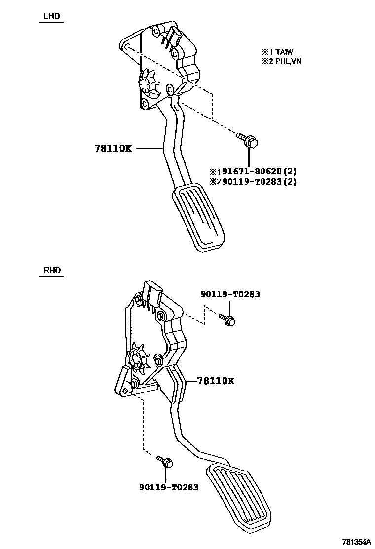 Toyota CAMRY accelerator pedal connecting rod EPC diagram — 781354A