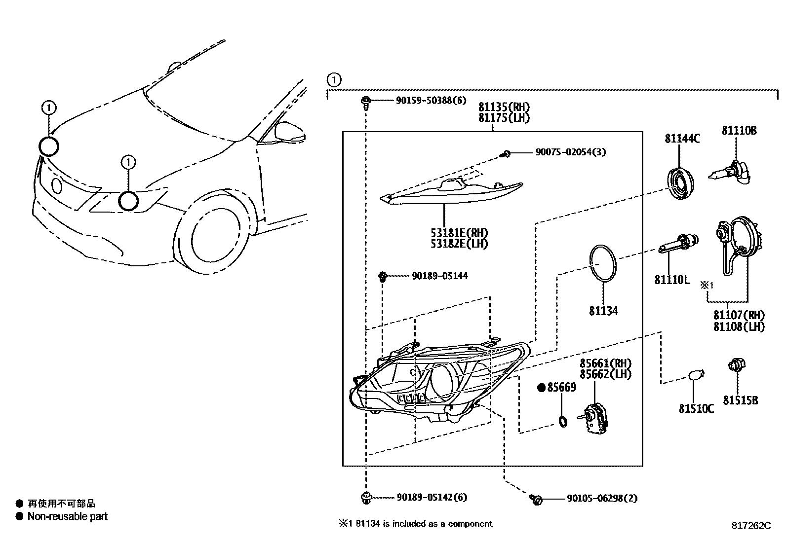 Toyota CAMRY Headlamp EPC diagram — 817262C