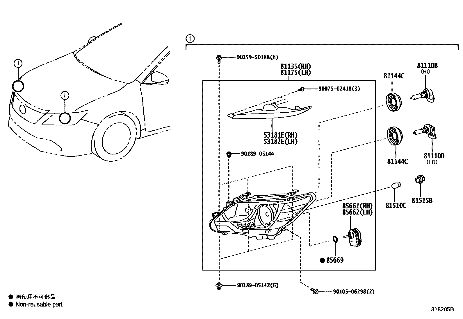Toyota CAMRY Headlamp EPC diagram — 818205B