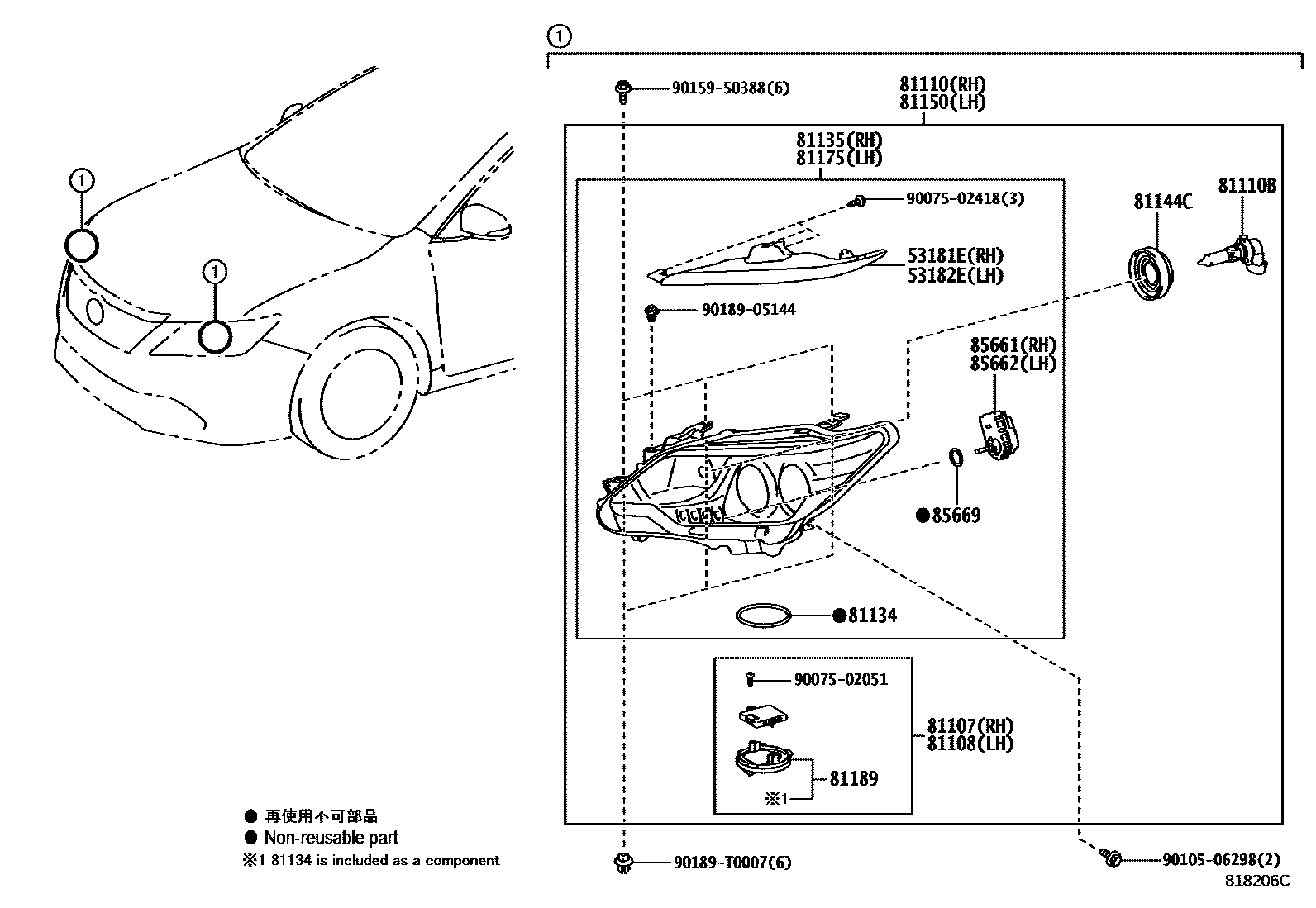 Toyota CAMRY Headlamp EPC diagram — 818206C