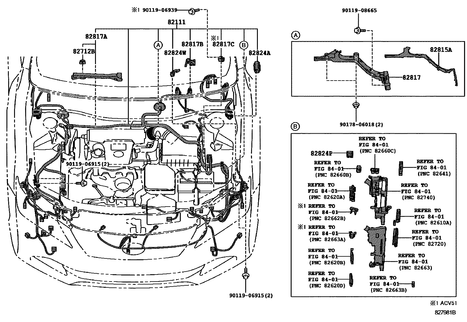 Toyota CAMRY 线束和卡夹 EPC diagram — 827981B