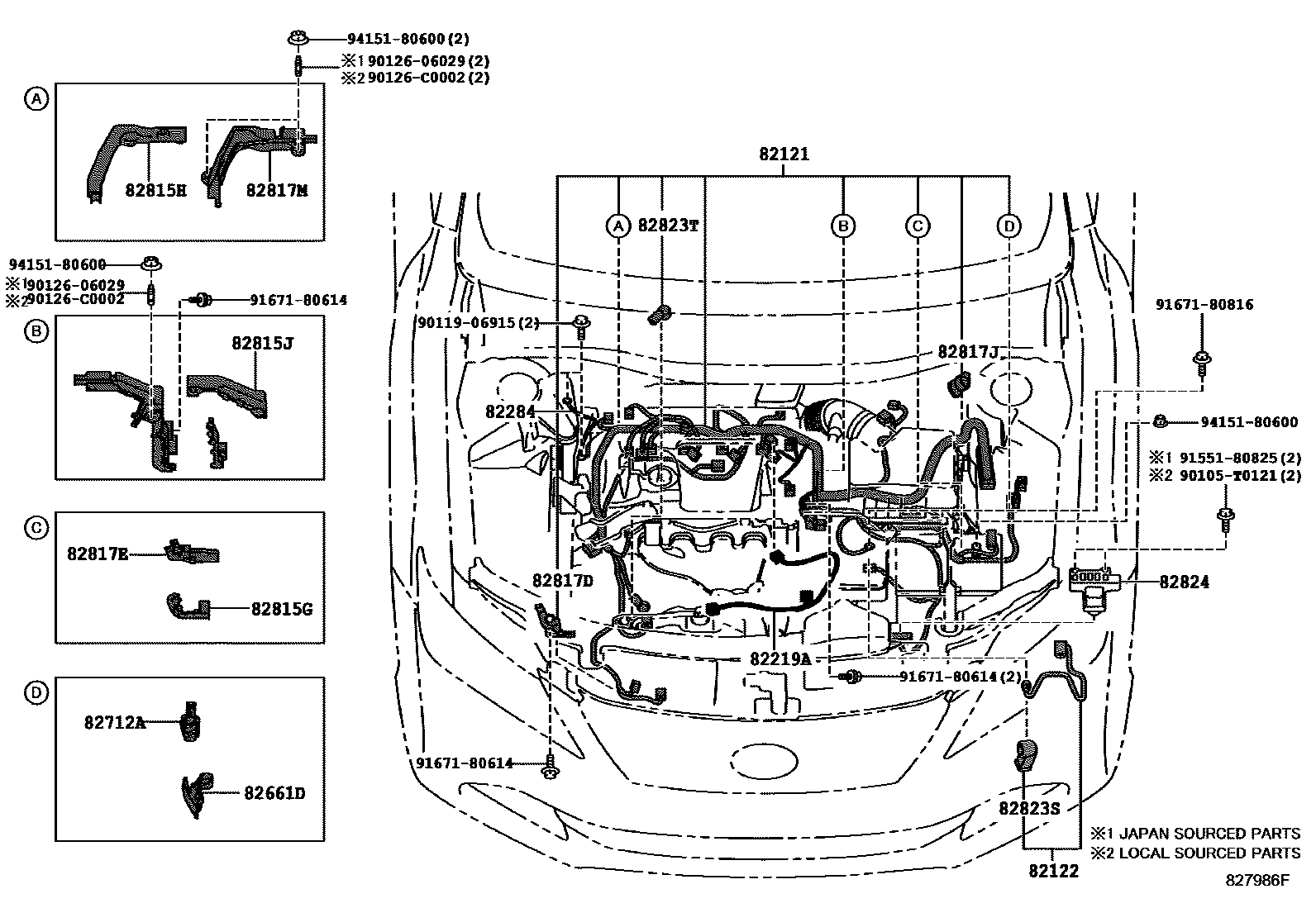 Toyota CAMRY 线束和卡夹 EPC diagram — 827986F