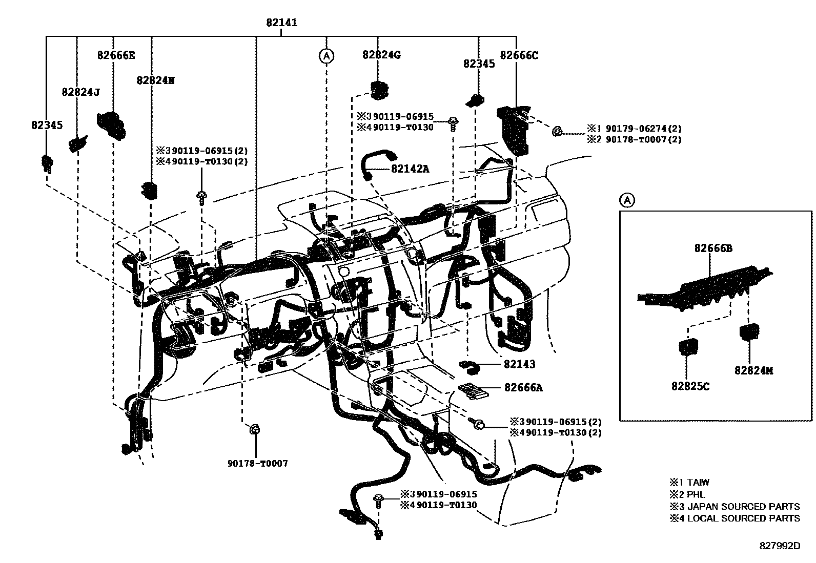 Toyota CAMRY 线束和卡夹 EPC diagram — 827992D
