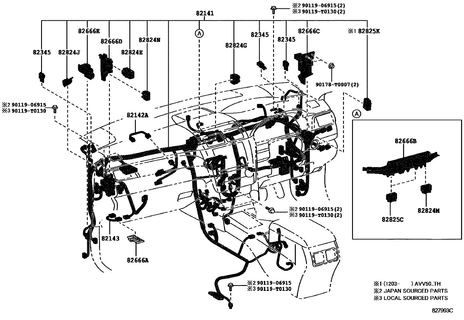 Toyota CAMRY 线束和卡夹 EPC diagram — 827993C