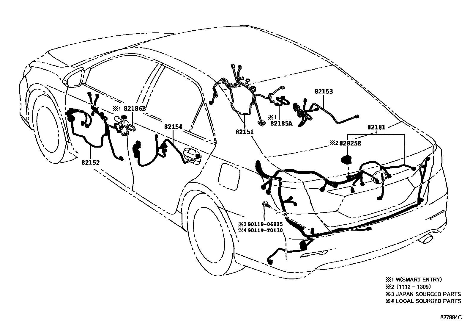 Toyota CAMRY 线束和卡夹 EPC diagram — 827994C
