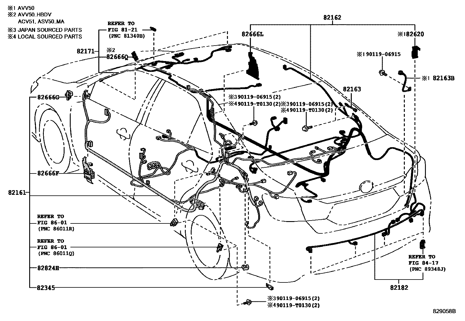 Toyota CAMRY 线束和卡夹 EPC diagram — 829058B