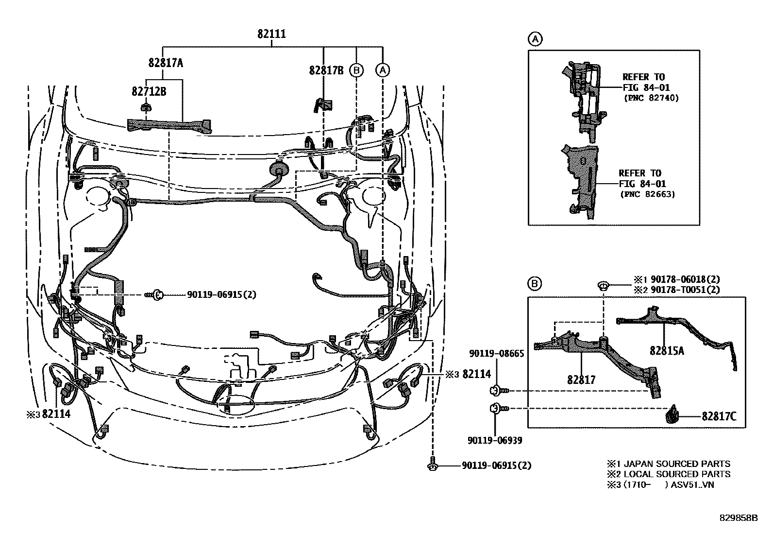 Toyota CAMRY 线束和卡夹 EPC diagram — 829858B