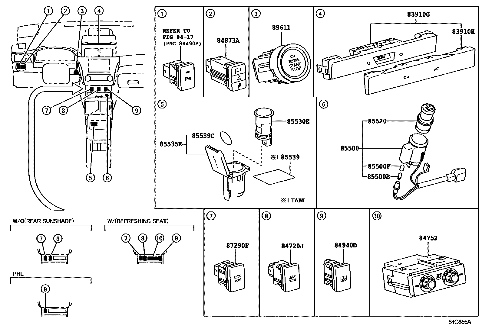 Toyota CAMRY 开关和继电器和ECU EPC diagram — 84C855A