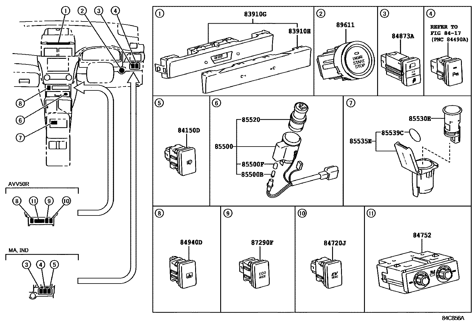 Toyota CAMRY 开关和继电器和ECU EPC diagram — 84C856A