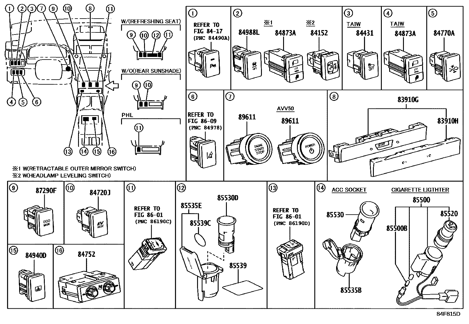 Toyota CAMRY 开关和继电器和ECU EPC diagram — 84F815D