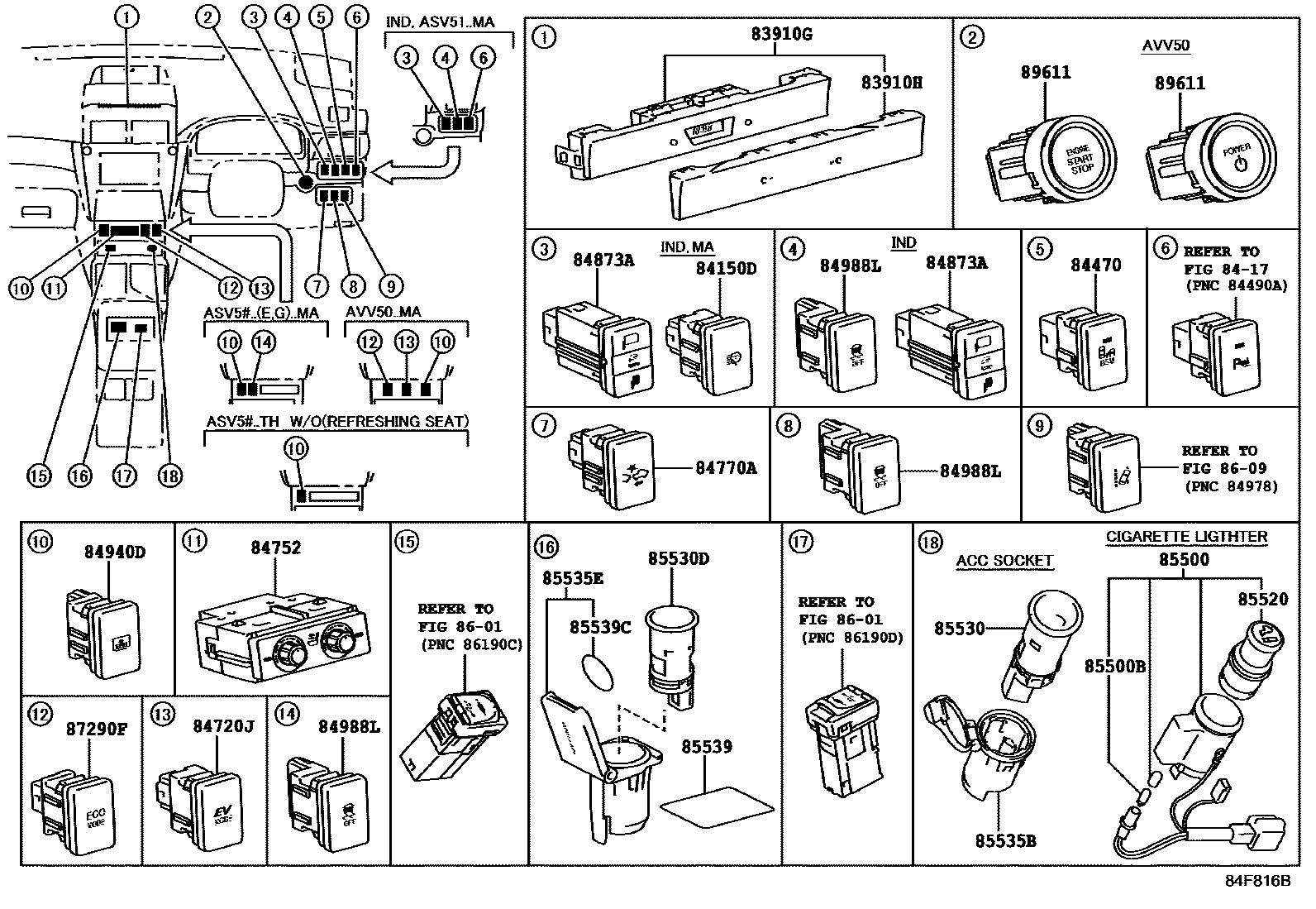 Toyota CAMRY 开关和继电器和ECU EPC diagram — 84F816B