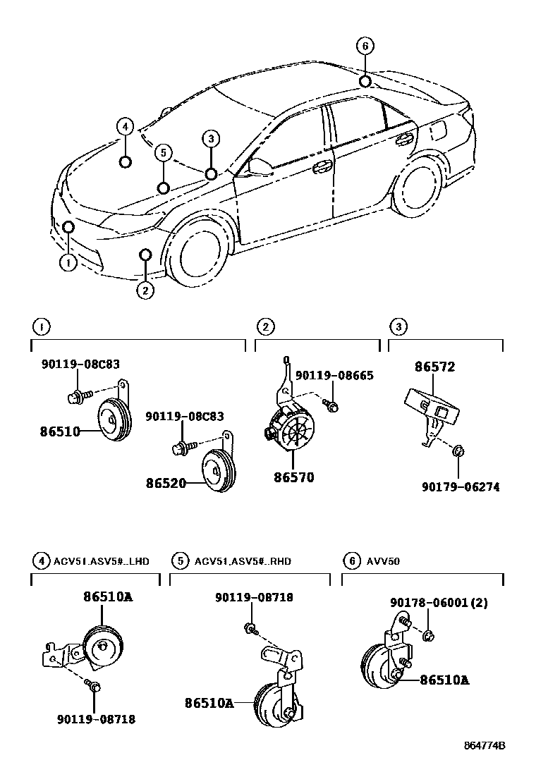 Toyota CAMRY 喇叭 EPC diagram — 864774B