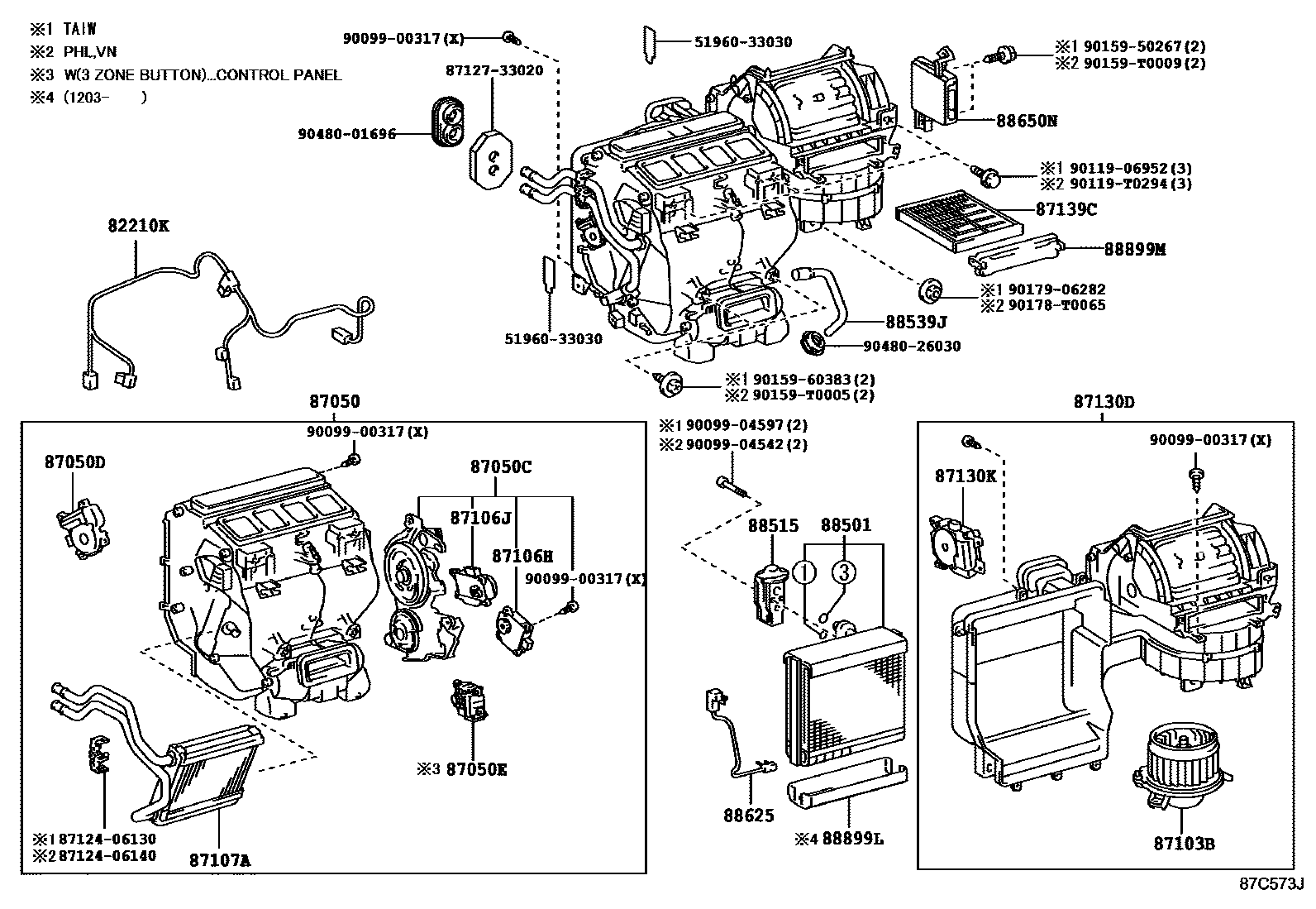 Toyota CAMRY 暖风和空调系统 - 冷却器组件 EPC diagram — 87C573J