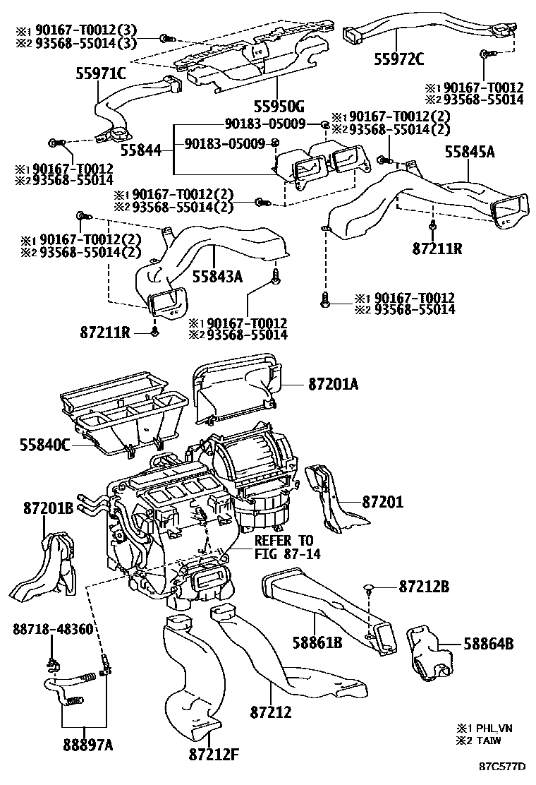 Toyota CAMRY 暖风和空调系统 - 控制器和风管 EPC diagram — 87C577D