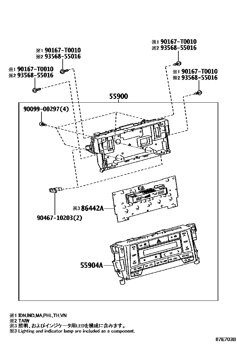 Toyota CAMRY 暖风和空调系统 - 控制器和风管 EPC diagram — 87E703B