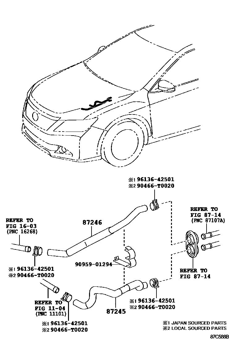 Toyota CAMRY 暖风和空调系统 - 水管 EPC diagram — 87C588B