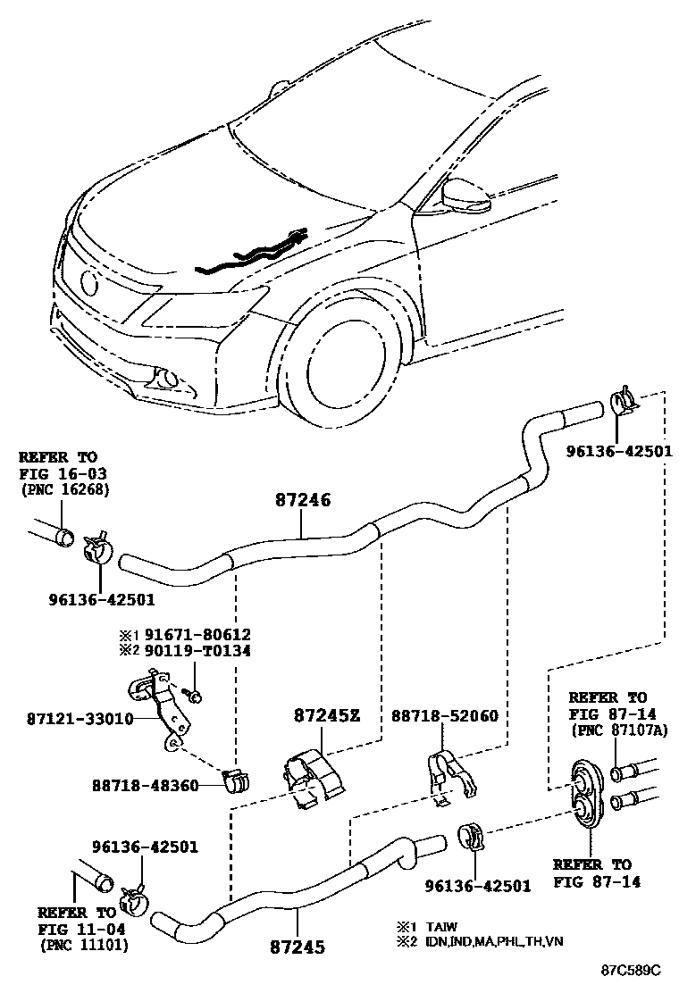 Toyota CAMRY 暖风和空调系统 - 水管 EPC diagram — 87C589C