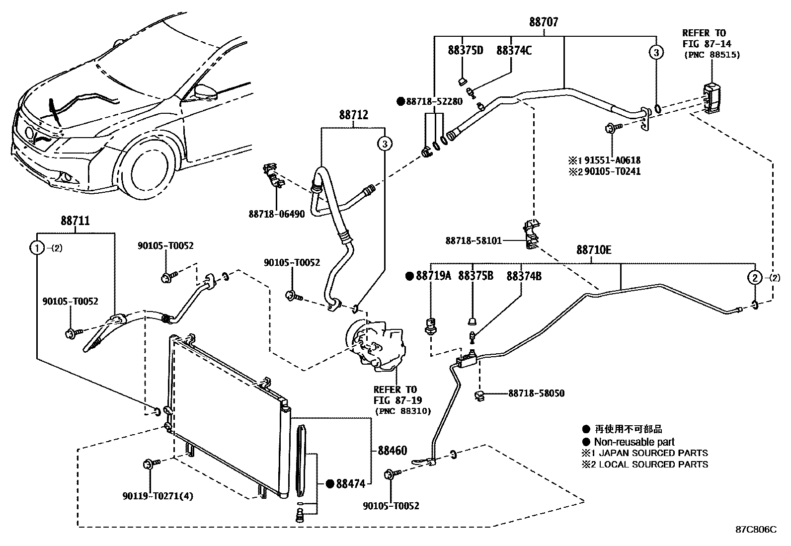Toyota CAMRY Heating & Air Conditioning - Cooler Piping EPC diagram — 87C806C