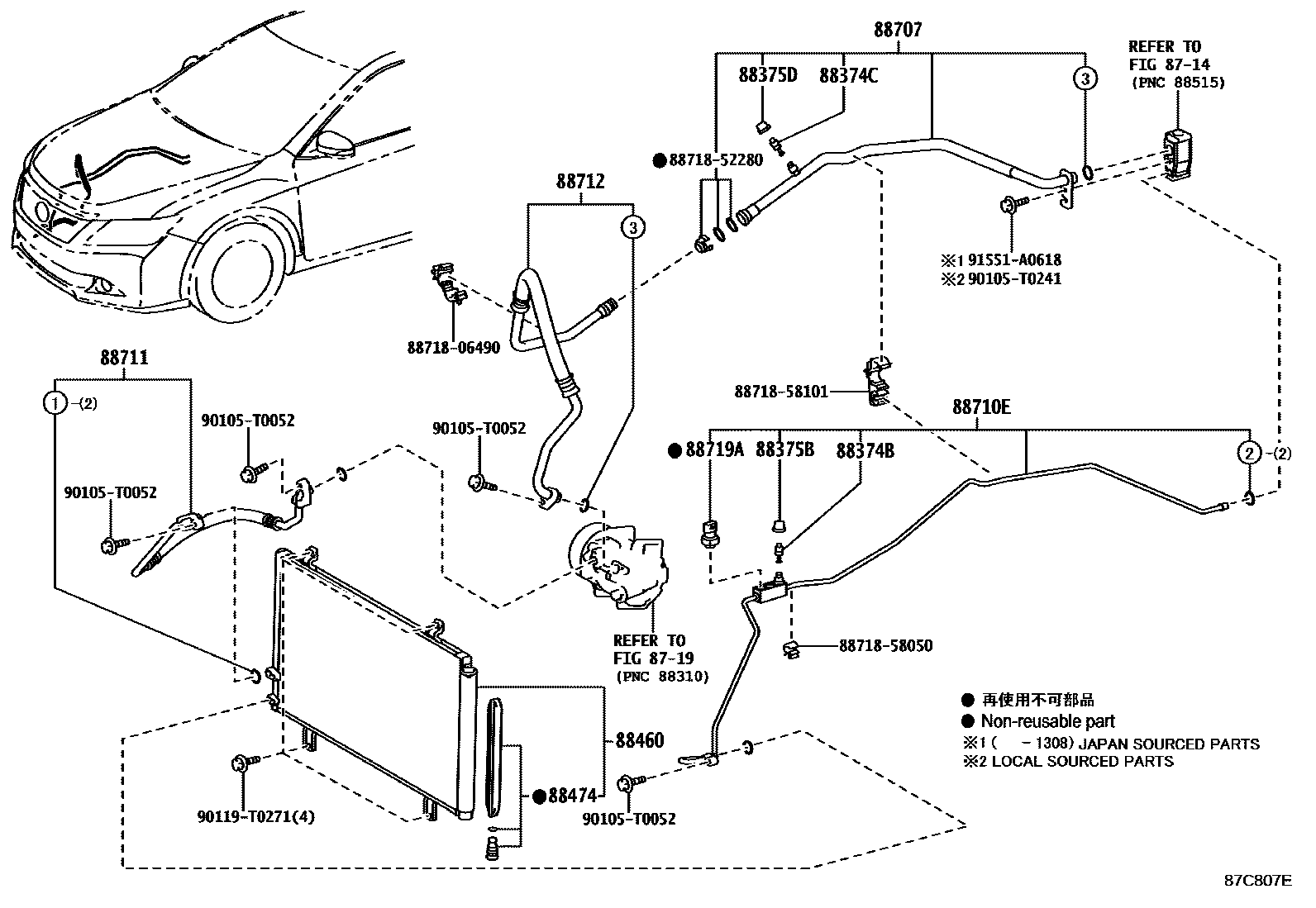 Toyota CAMRY Heating & Air Conditioning - Cooler Piping EPC diagram — 87C807E