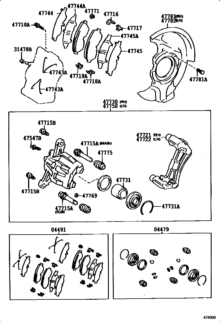 Toyota CAMRY 前盘式制动器卡钳和防尘罩 EPC diagram — 474968