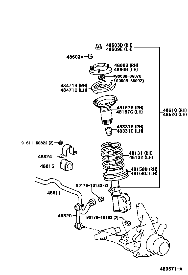 Toyota CAMRY Front Spring & Shock Absorber EPC diagram — 480571A