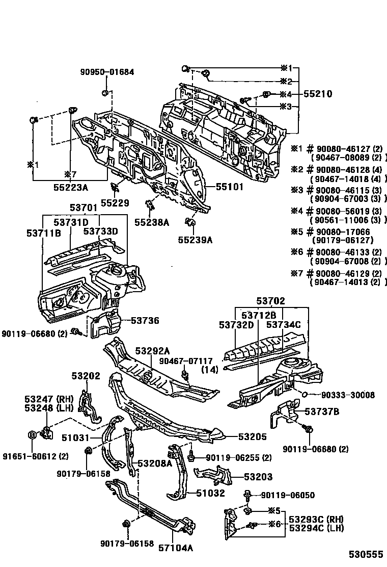 Toyota CAMRY 前翼子板挡泥板和前围板 EPC diagram — 530555