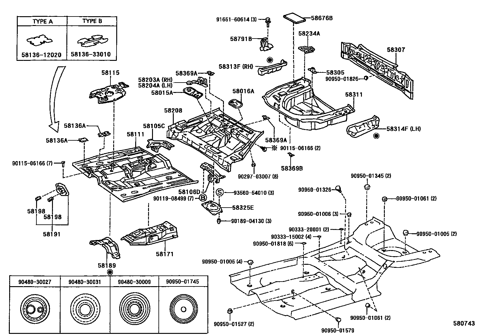 Toyota CAMRY 浅盘形地板和车身下背板 EPC diagram — 580743