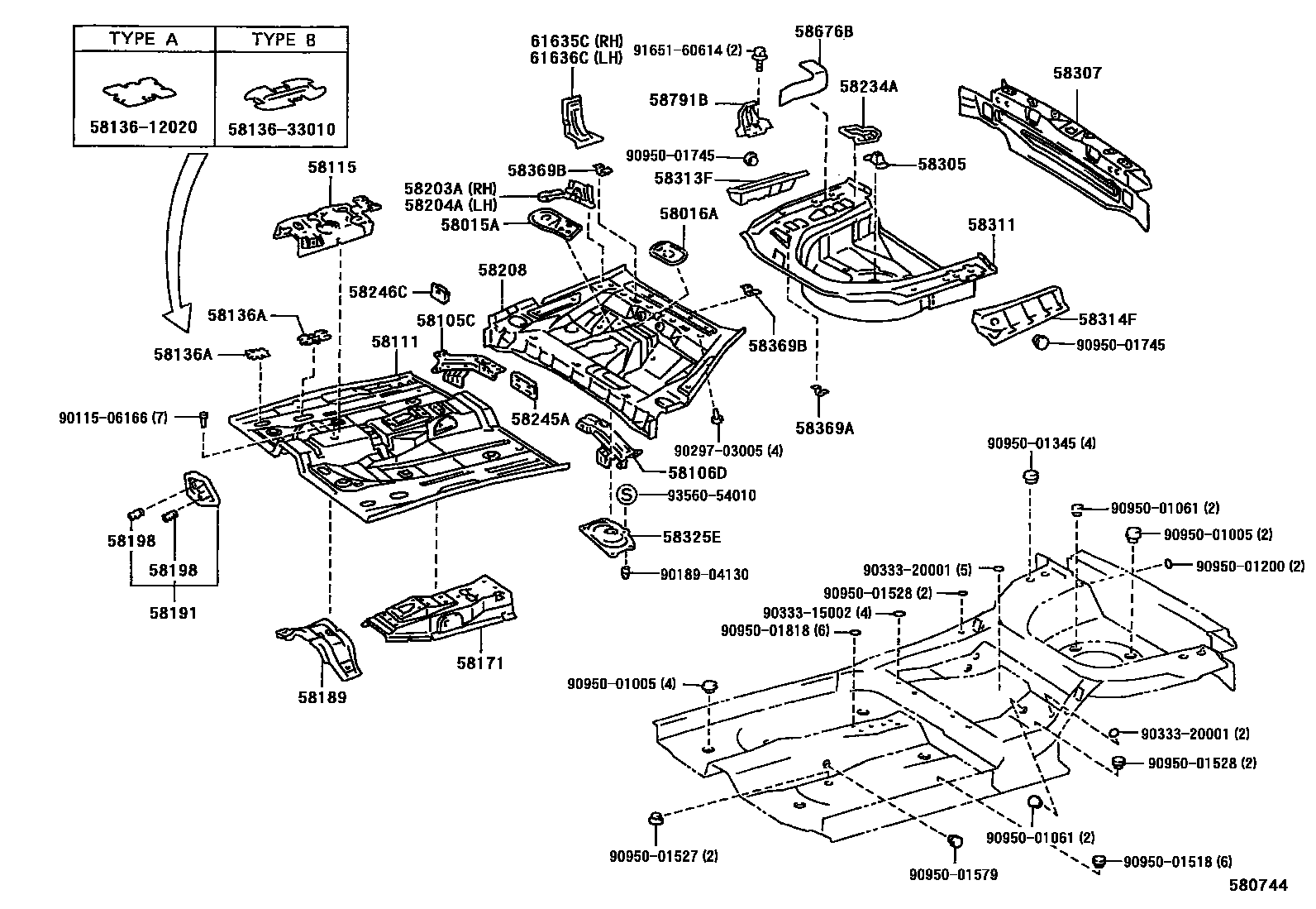 Toyota CAMRY 浅盘形地板和车身下背板 EPC diagram — 580744