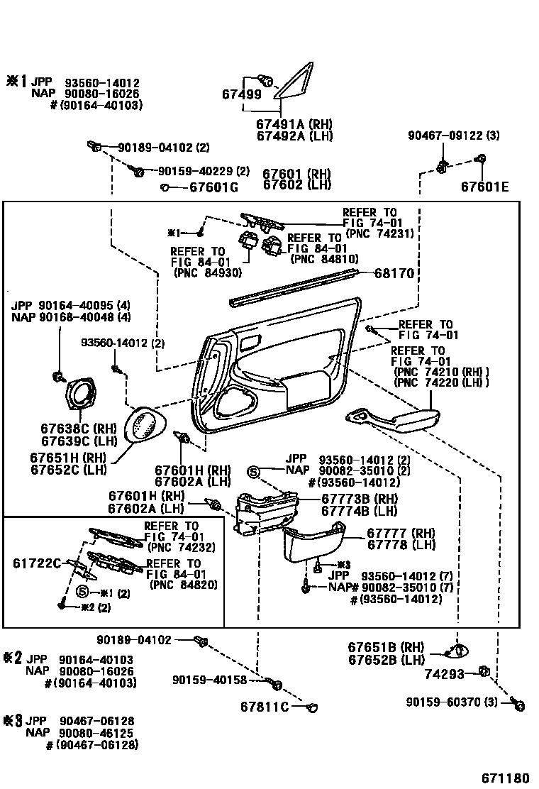 Toyota CAMRY 前门板和前门玻璃 EPC diagram — 671180
