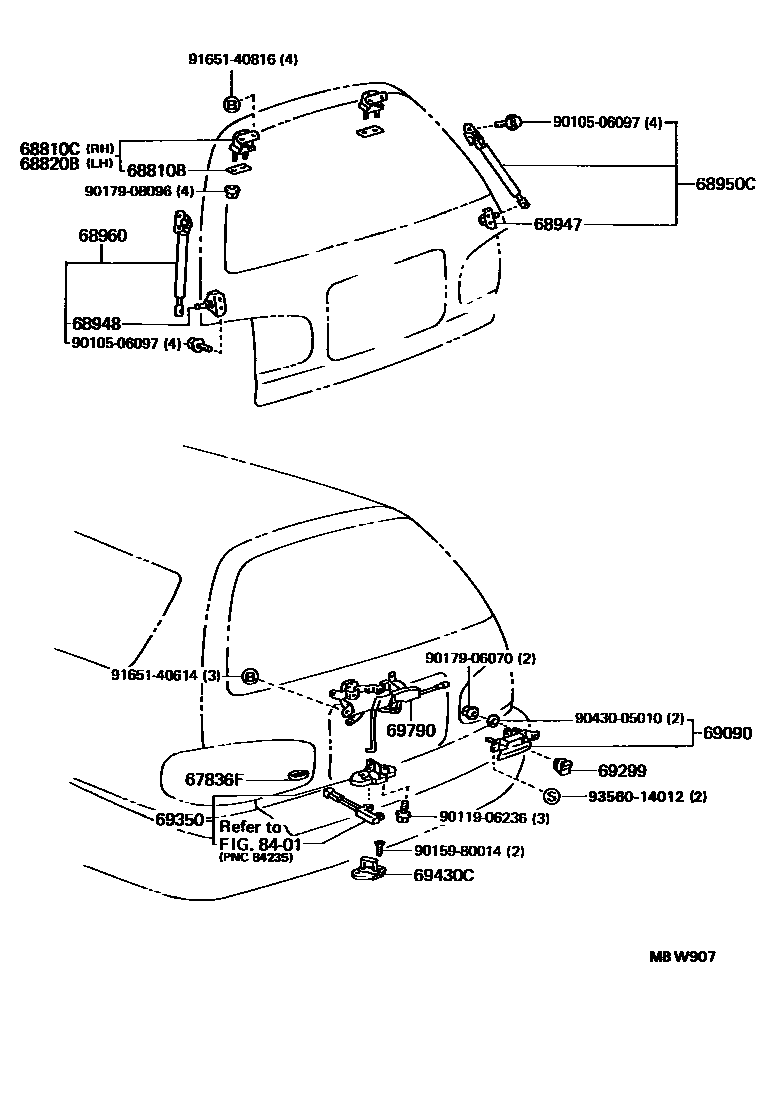 Toyota CAMRY 背门锁和背门把手 EPC diagram — MBW907