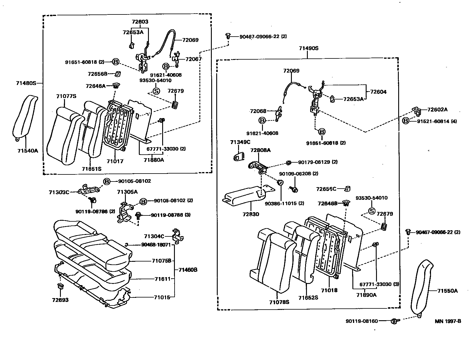 Toyota CAMRY 后排座椅和座椅滑轨 EPC diagram — MN1997B