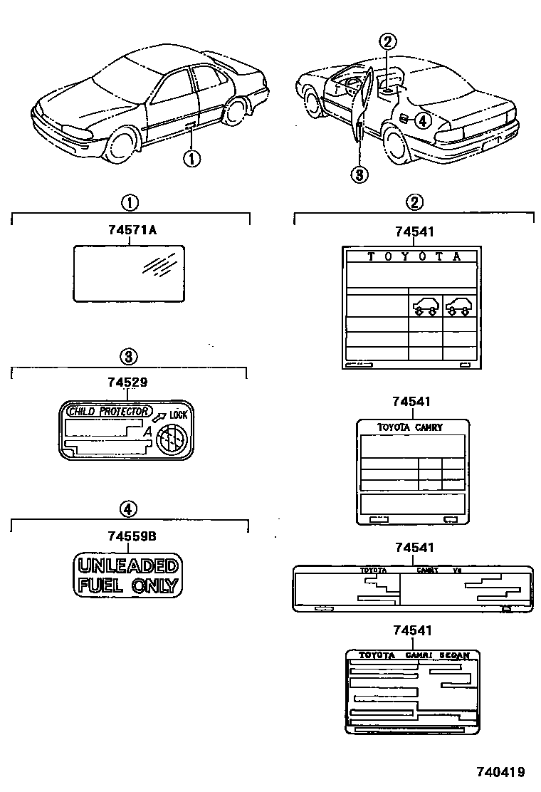 Toyota CAMRY 警示铭牌(车外和车内) EPC diagram — 740419