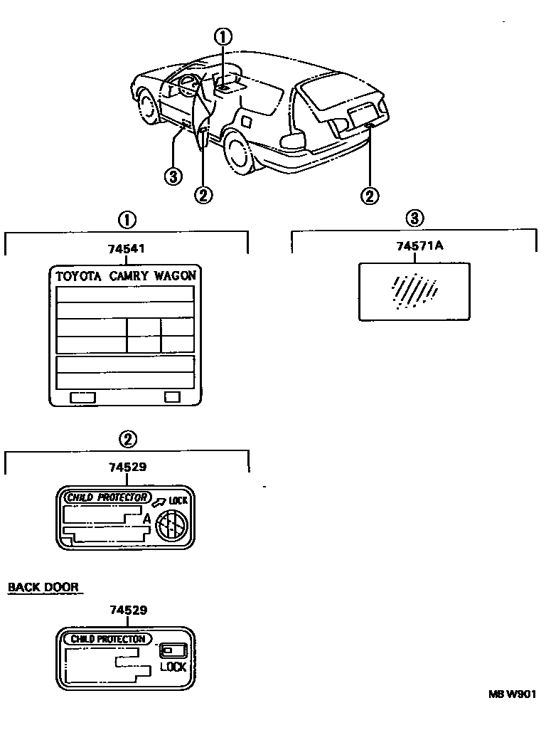 Toyota CAMRY 警示铭牌(车外和车内) EPC diagram — MBW901