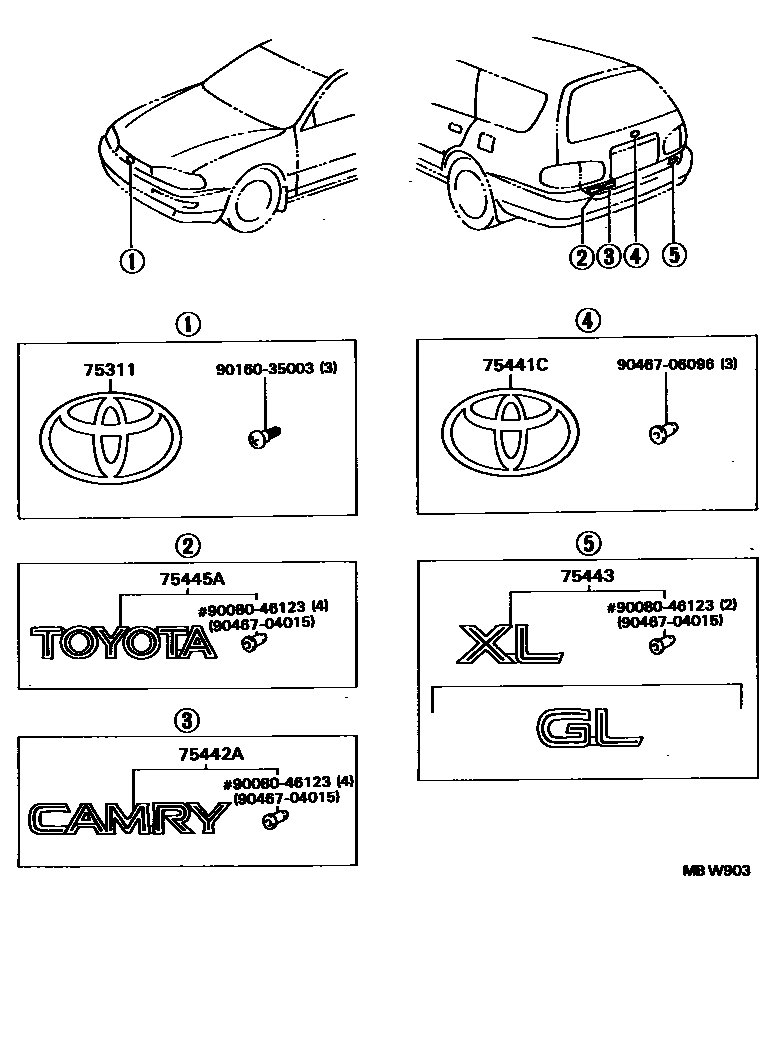 Toyota CAMRY 丰田徽标和铭牌(车外和车内) EPC diagram — MBW903