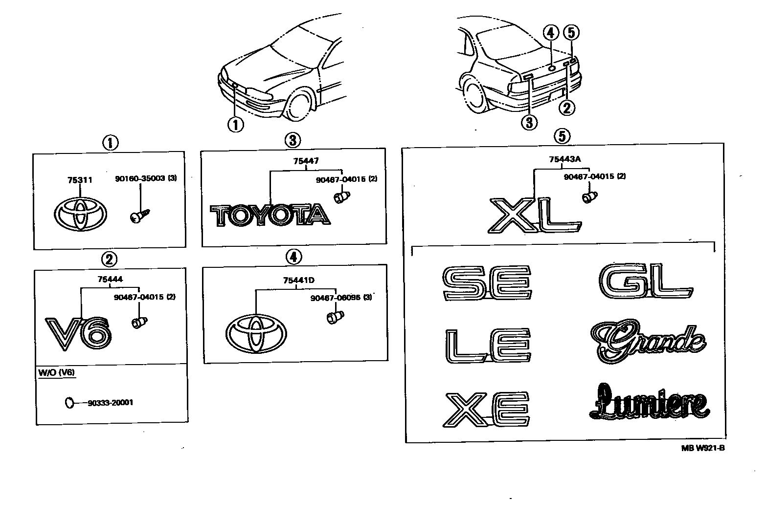Toyota CAMRY 丰田徽标和铭牌(车外和车内) EPC diagram — MBW921B