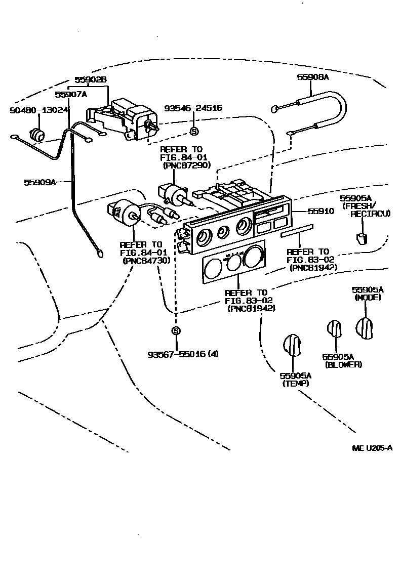 Toyota CAMRY 暖风和空调系统 - 控制器和风管 EPC diagram — MEU205A