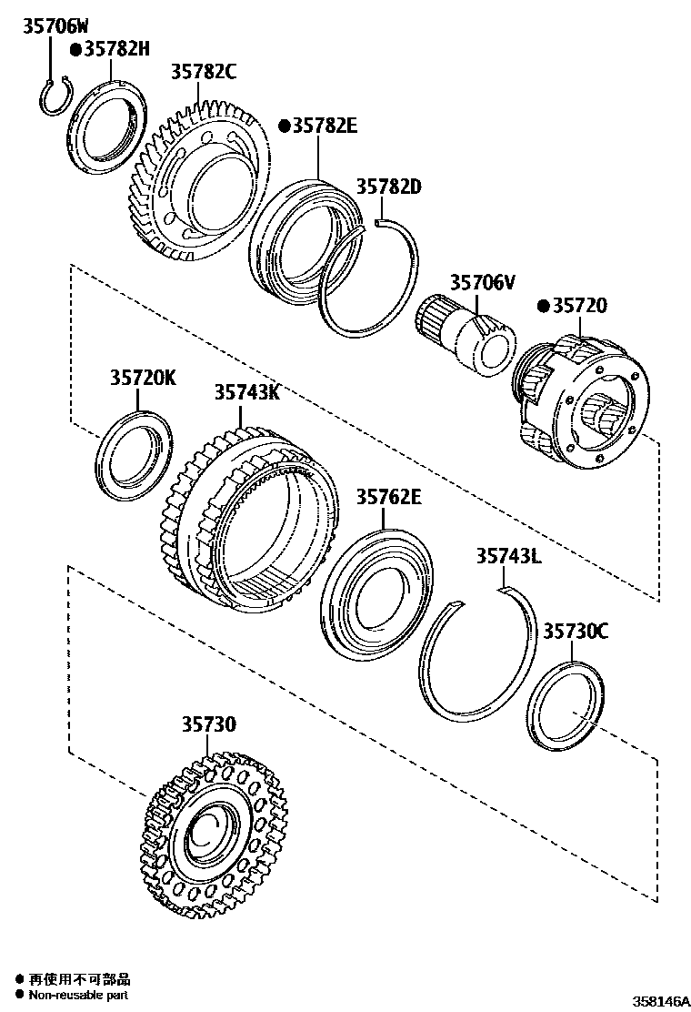 Toyota CAMRY 行星齿轮、倒档活塞和中间轴齿轮(ATM) EPC diagram — 358146A
