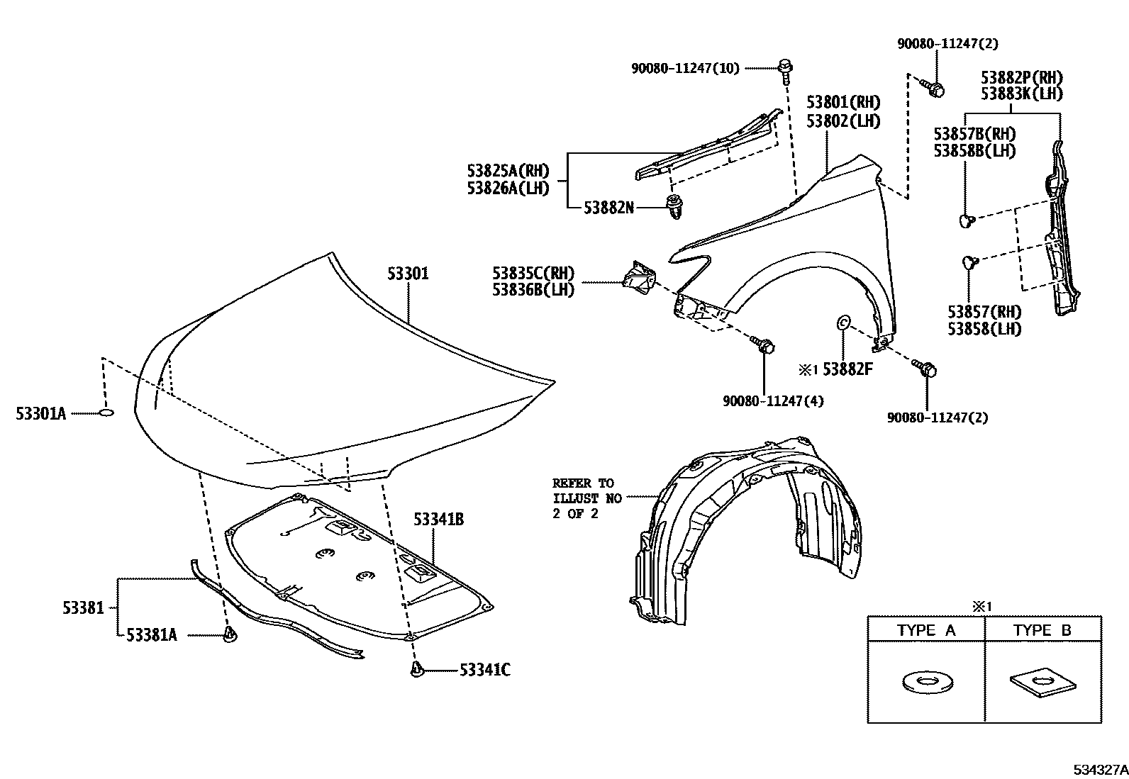Toyota CAMRY 发动机盖和前翼子板 EPC diagram — 534327A