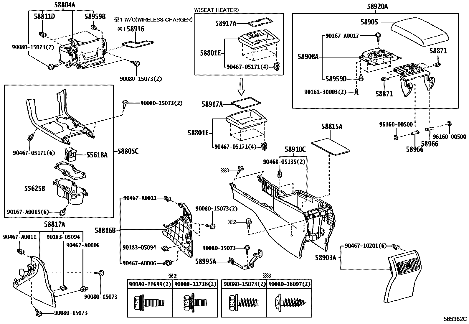 Toyota CAMRY 中央扶手箱和支架 EPC diagram — 585362C