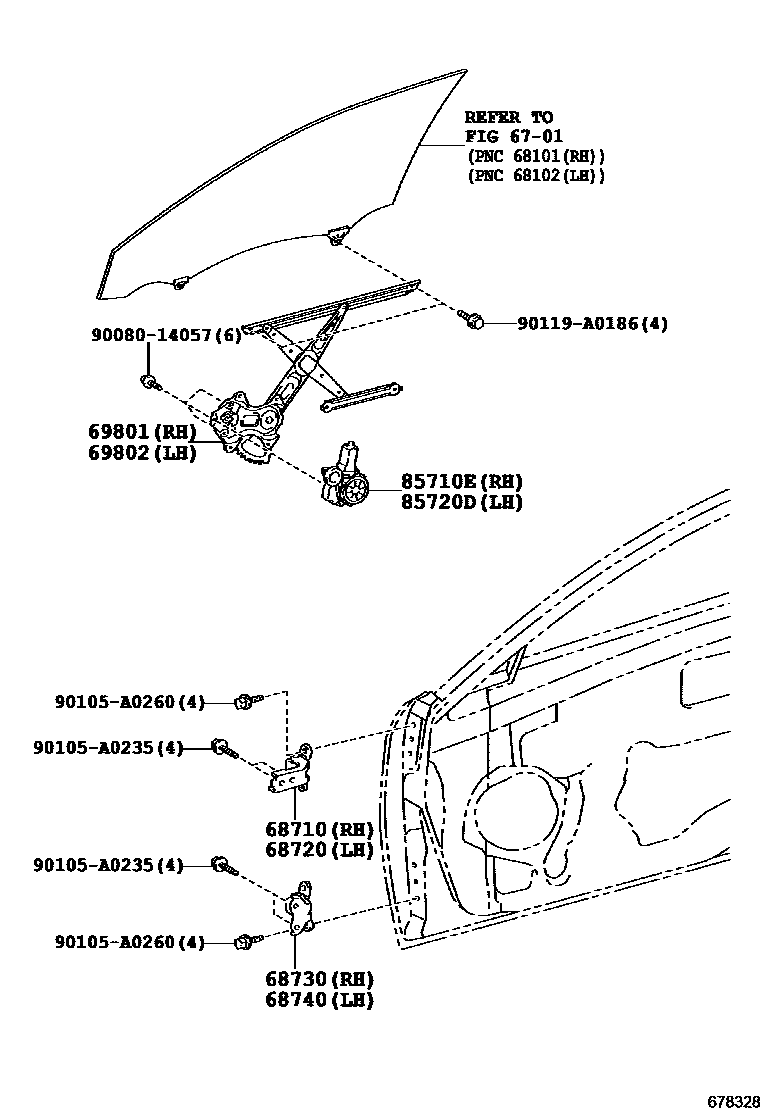 Toyota CAMRY 前门车窗升降器和合页 EPC diagram — 678328