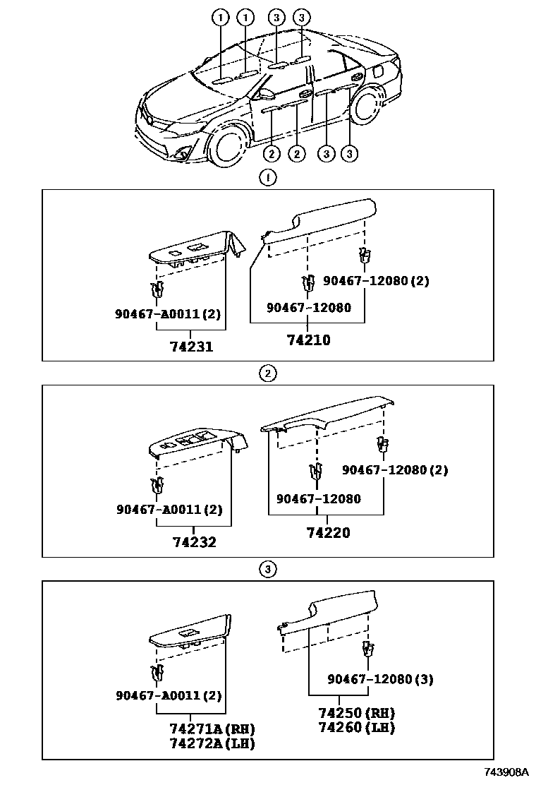 Toyota CAMRY 扶手和遮阳板 EPC diagram — 743908A