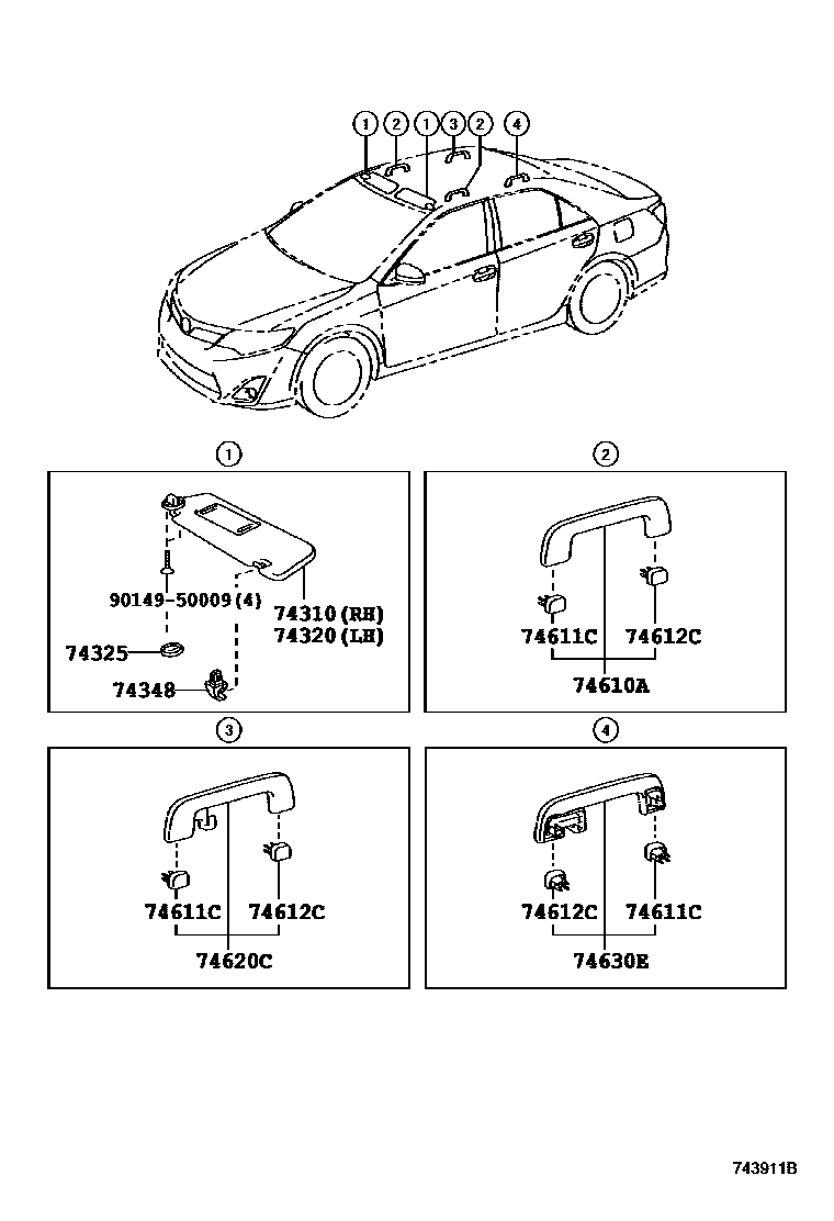 Toyota CAMRY 扶手和遮阳板 EPC diagram — 743911B