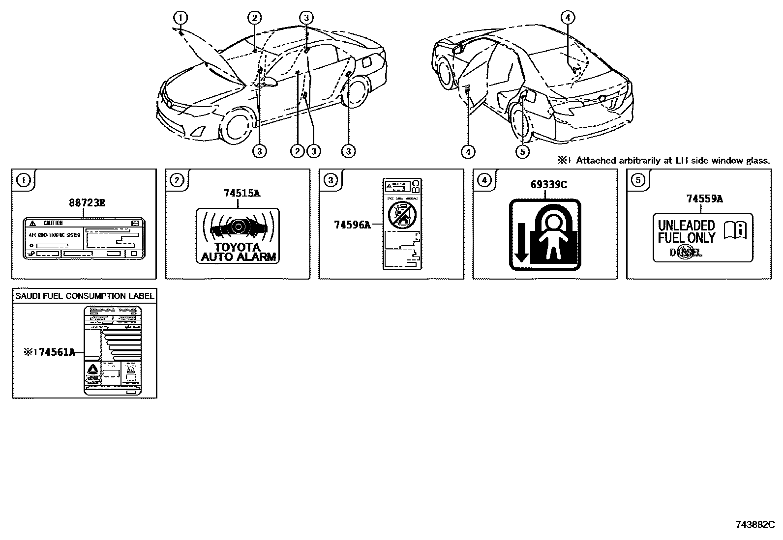 Toyota CAMRY 警示铭牌(车外和车内) EPC diagram — 743882C