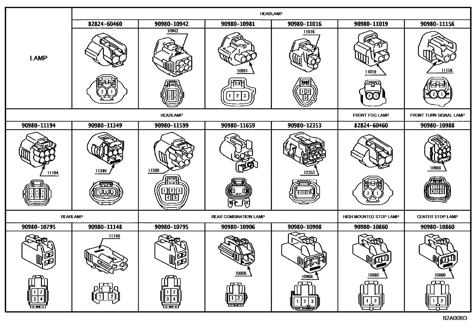 Toyota CAMRY 线束和卡夹 EPC diagram — 82A008D